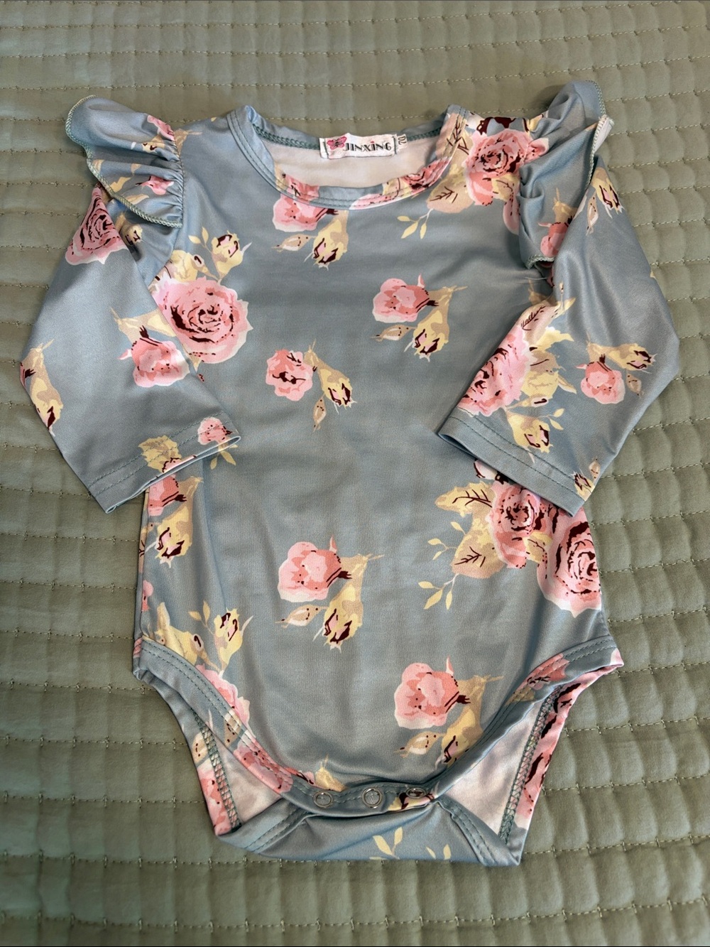 Girls Blue Floral Ruffle-Sleeve Baby One-Piece Bodysuit.  See sizing chart.